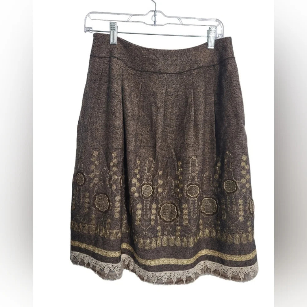 Peter Nygard Wool embroidered textured lace metallic viking skirt fur trim sz 6 - Picture 3 of 14
